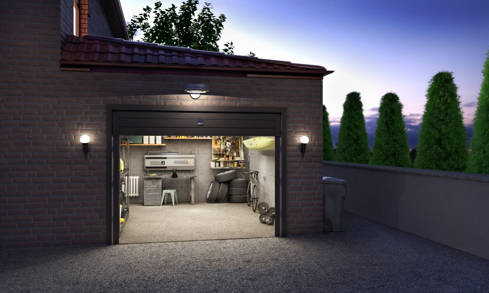 garage exterior evening open door - Fun Facts About Your Garage Door You Probably Didn't Know