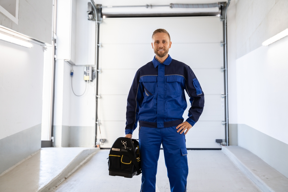 illustration of Ace Garage Door Repair in action, A skilled contractor performing both installation and repair of a residential garage door at a client's home