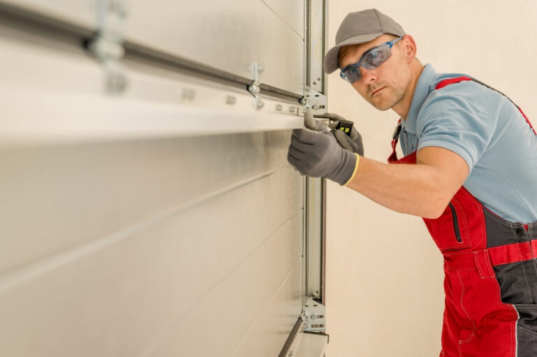 Illustration of A professional Caucasian technician from Ace Garage Door Repair expertly installing a new residential garage door
