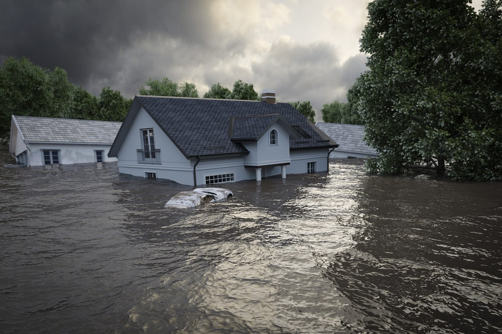 flooding houses with rising water - house after a hurricane - hurricane garage doors in new orleans